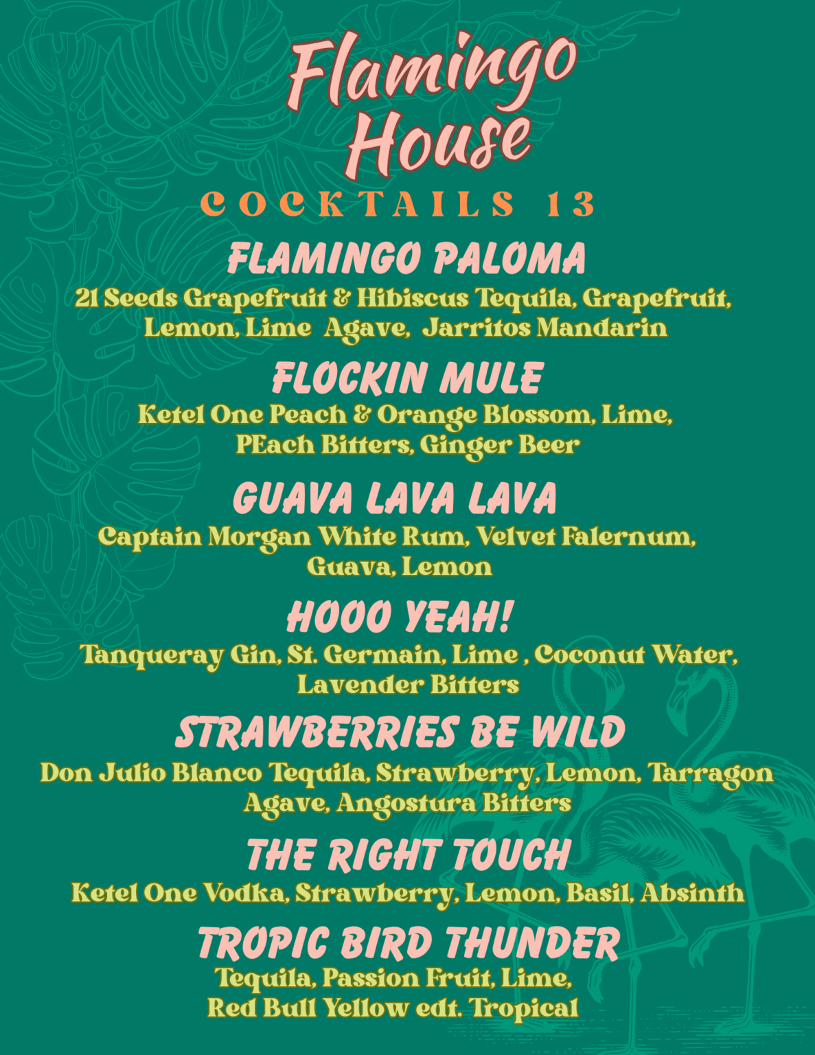 Flamingo House cocktail menu featuring signature drinks like Flamingo Paloma, Flockin Mule, Guava Lava Lava, and Tropic Bird Thunder
