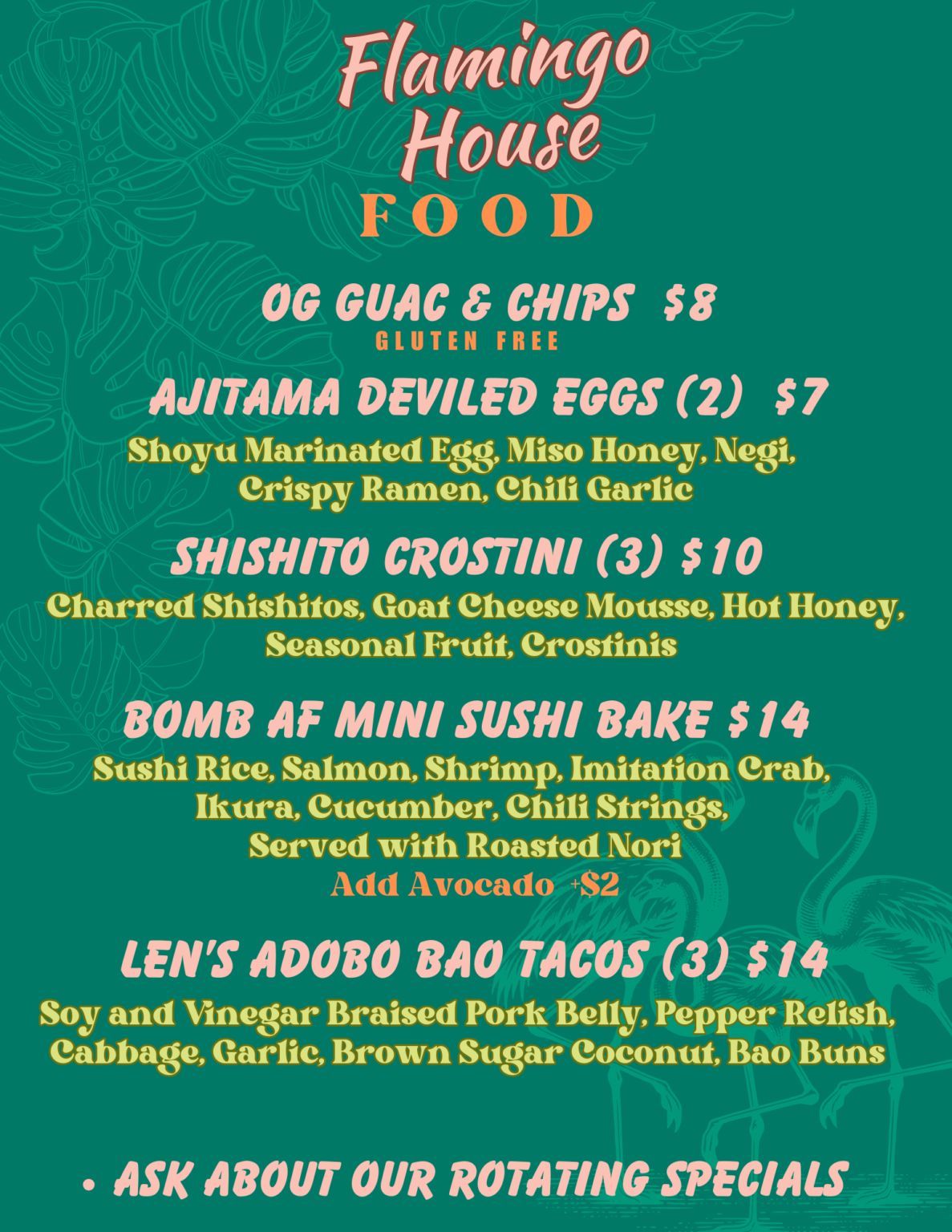 Flamingo House food menu featuring OG guac and chips, deviled eggs, sushi bake, bao tacos, and shishito crostini