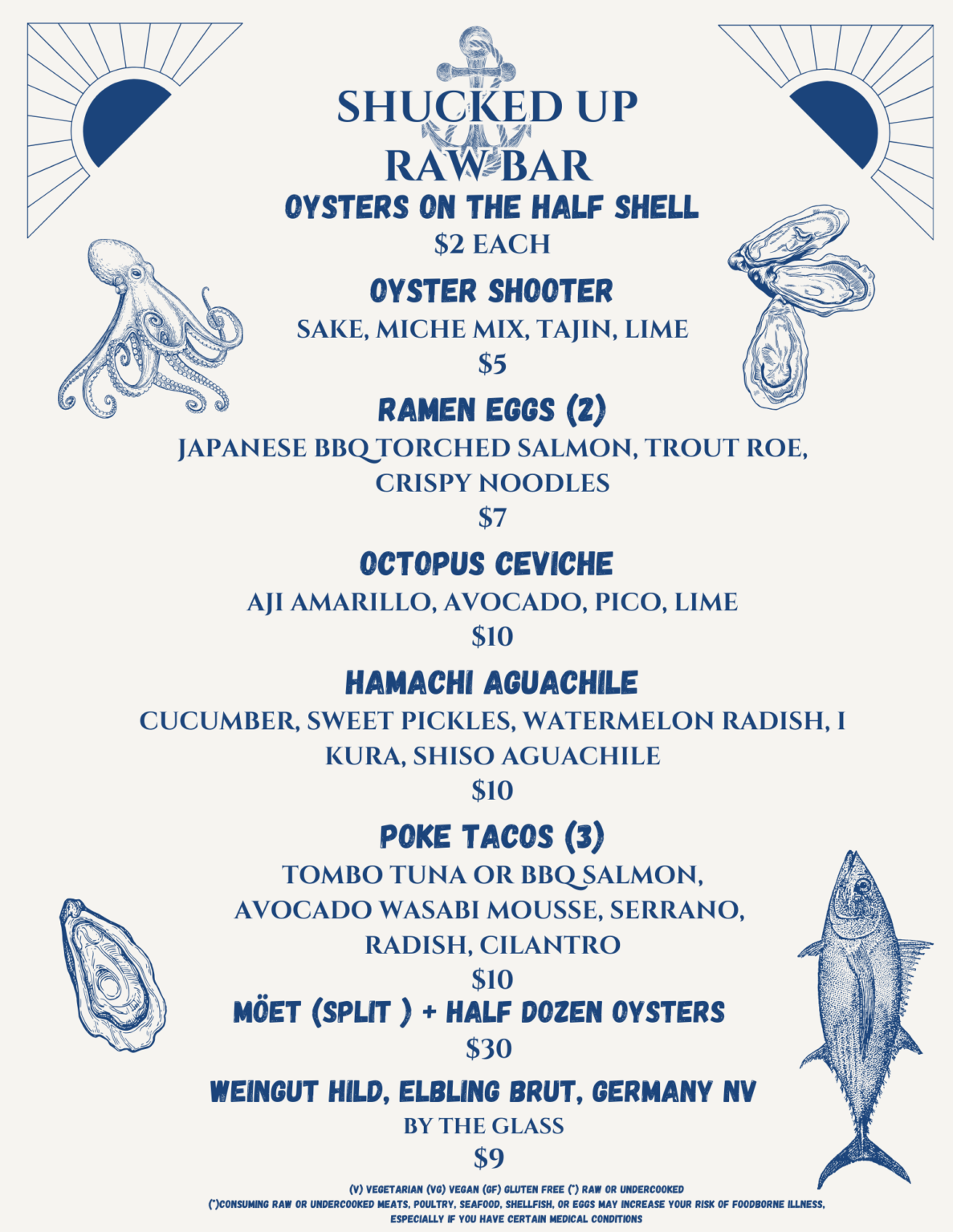 Shucked Up Raw Bar menu from Flamingo House featuring oysters, poke tacos, ceviche, aguachile, ramen eggs, and wine pairings