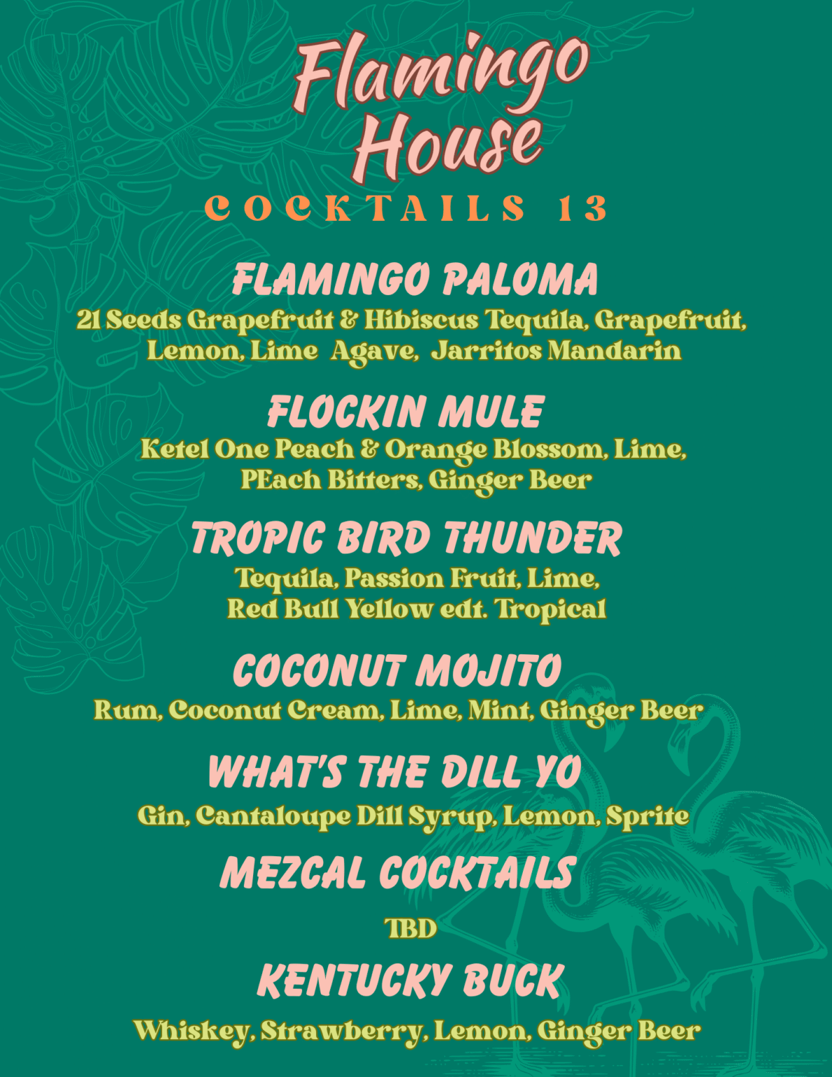 Menu 2 Flamingo House Midtown Sacramento cocktails menu featuring signature drinks like Flamingo Paloma, Flockin Mule, Tropic Bird Thunder, and Coconut Mojito