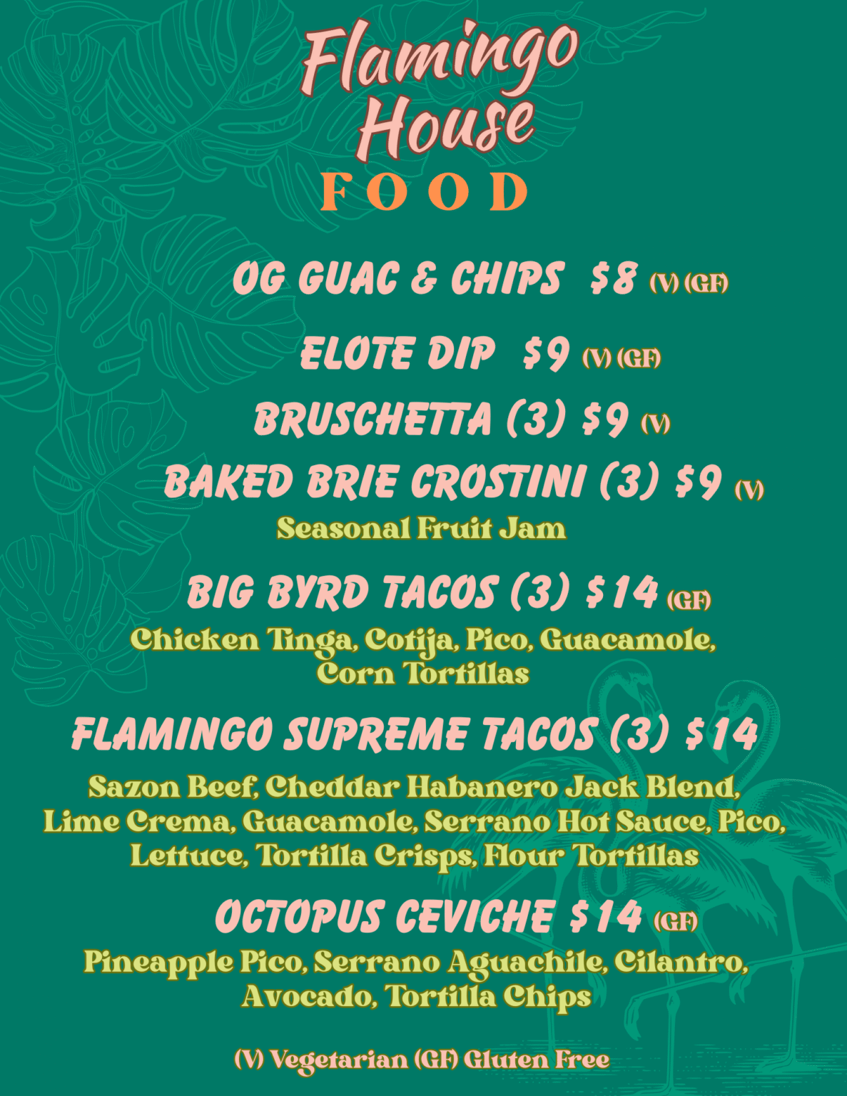 Menu 5 Flamingo House Midtown Sacramento food menu featuring shareable small plates, tacos, crostini, guacamole, elote dip, and octopus ceviche