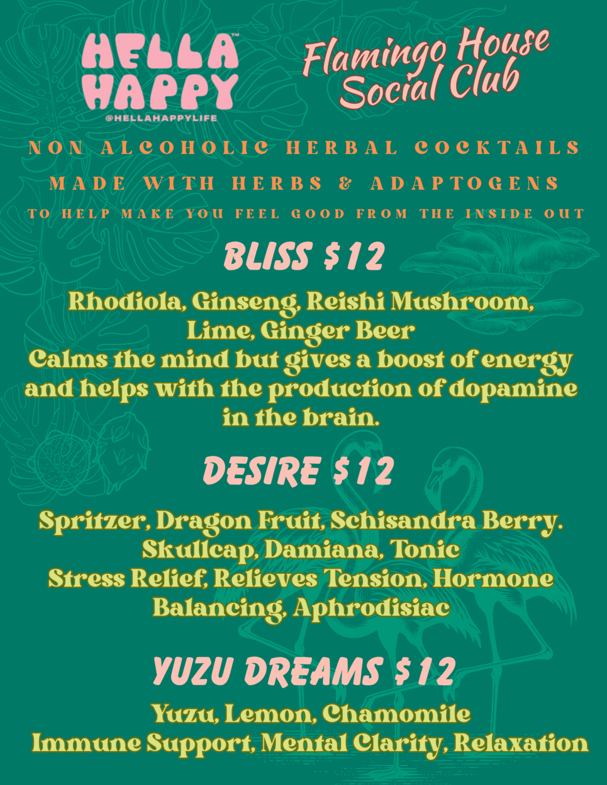 Menu 4 Flamingo House Social Club non-alcoholic herbal cocktail menu featuring adaptogenic drinks Bliss, Desire, and Yuzu Dreams with herbs and natural ingredients